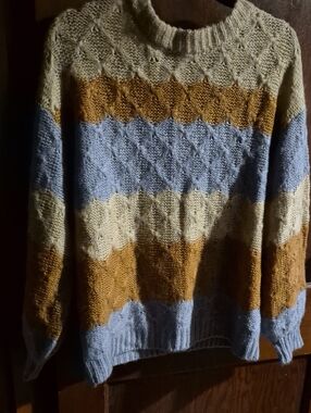 Striped Cable Knit Sweater - Blue, Tan & Cream